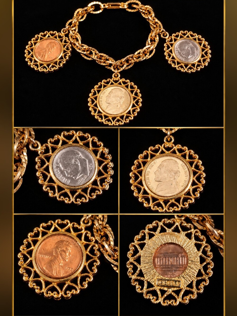 Vintage WLP Three Coins in the Fountain Coin Charm Bracelet